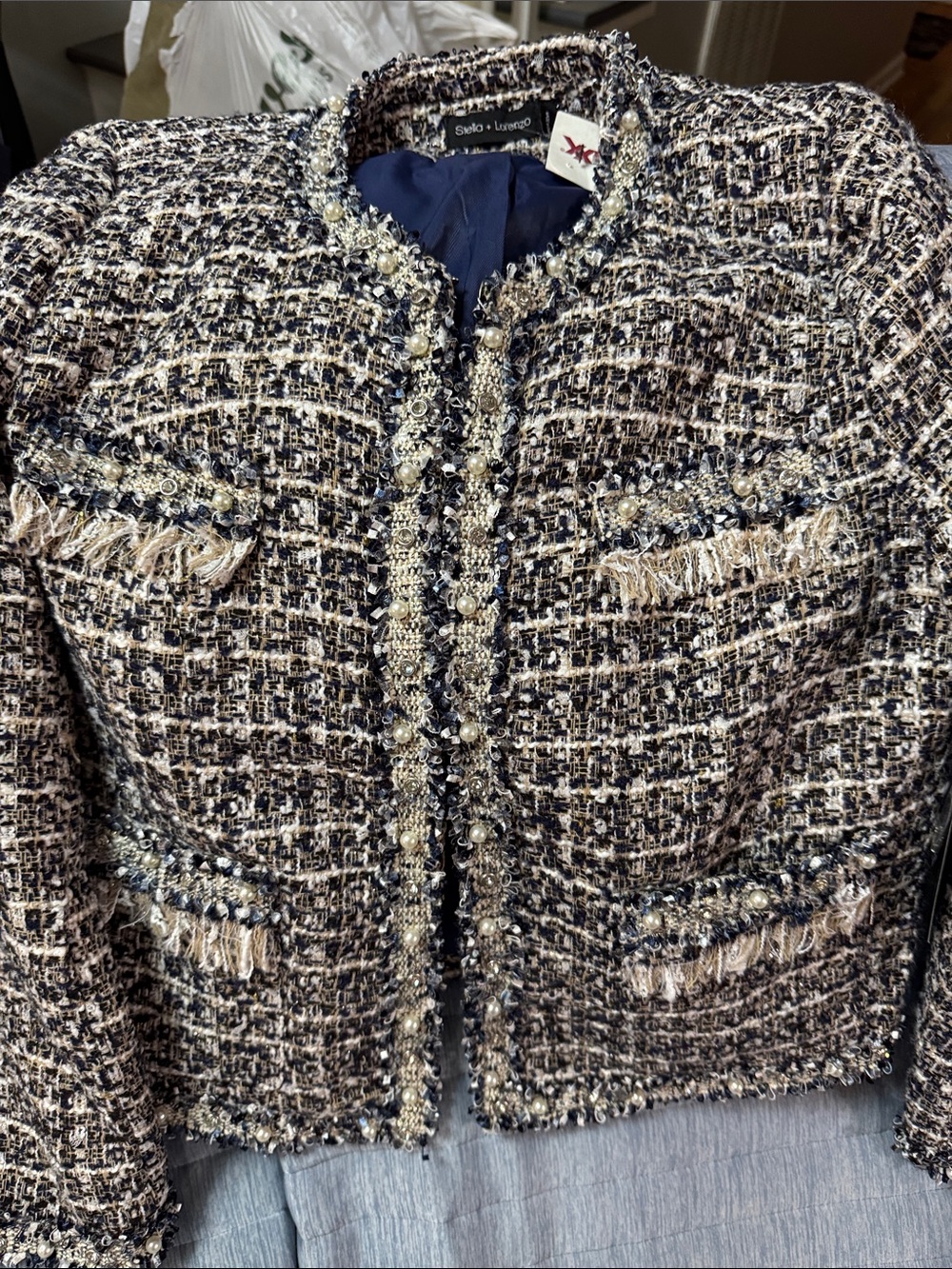 Stella + Lorenzo Navy and Cream Bouclé Tweed Jacket with Pearl Trim